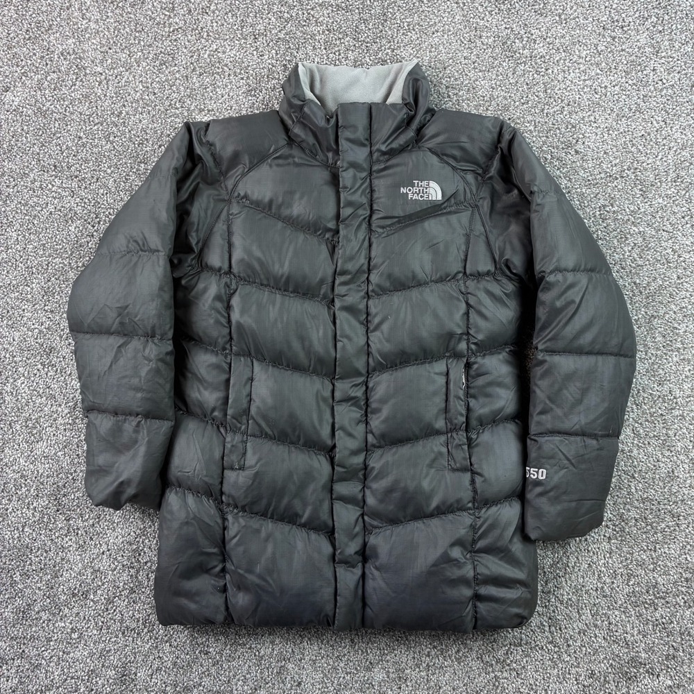 The North Face Nuptse Puffer Jacket Girls Small Gray Black 550 Down Fill Puffer